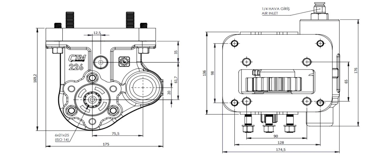 CTM 226 AE PTO teknik çizimi — kesit, ölçü ve montaj şeması