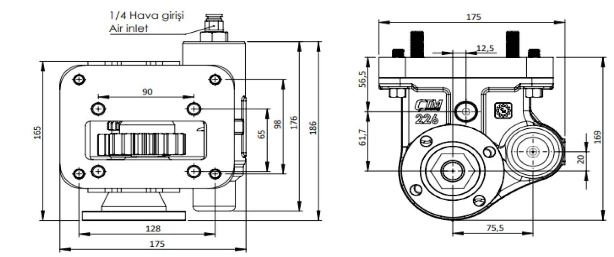 CTM 226 AD PTO teknik çizimi — kesit, ölçü ve montaj şeması