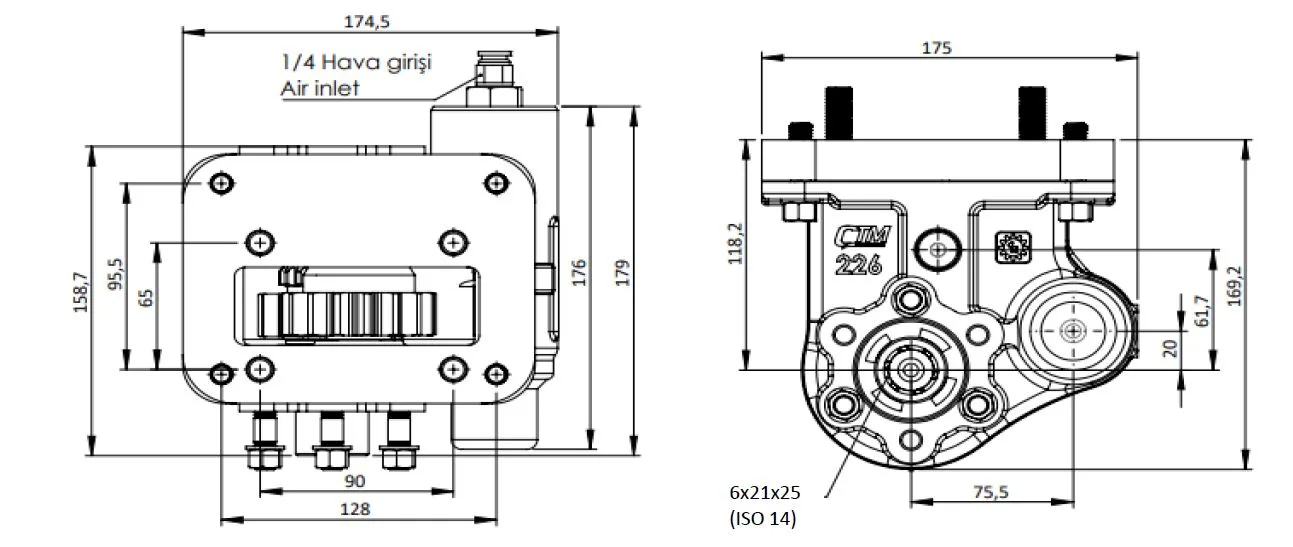 CTM 226 AC2 PTO teknik çizimi — kesit, ölçü ve montaj şeması