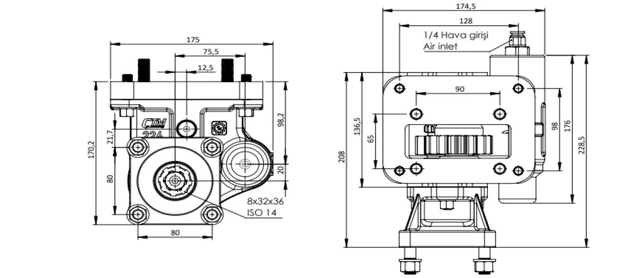 CTM 226 AC1 PTO teknik çizimi — kesit, ölçü ve montaj şeması