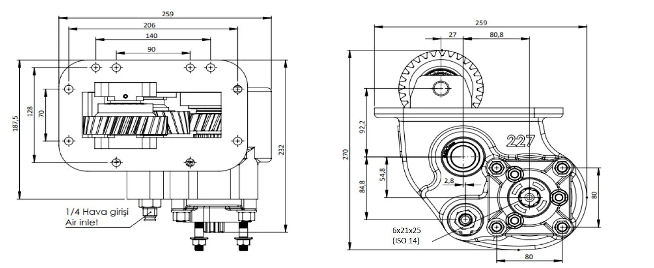 CTM 227 AE PTO teknik çizimi — kesit, ölçü ve montaj şeması