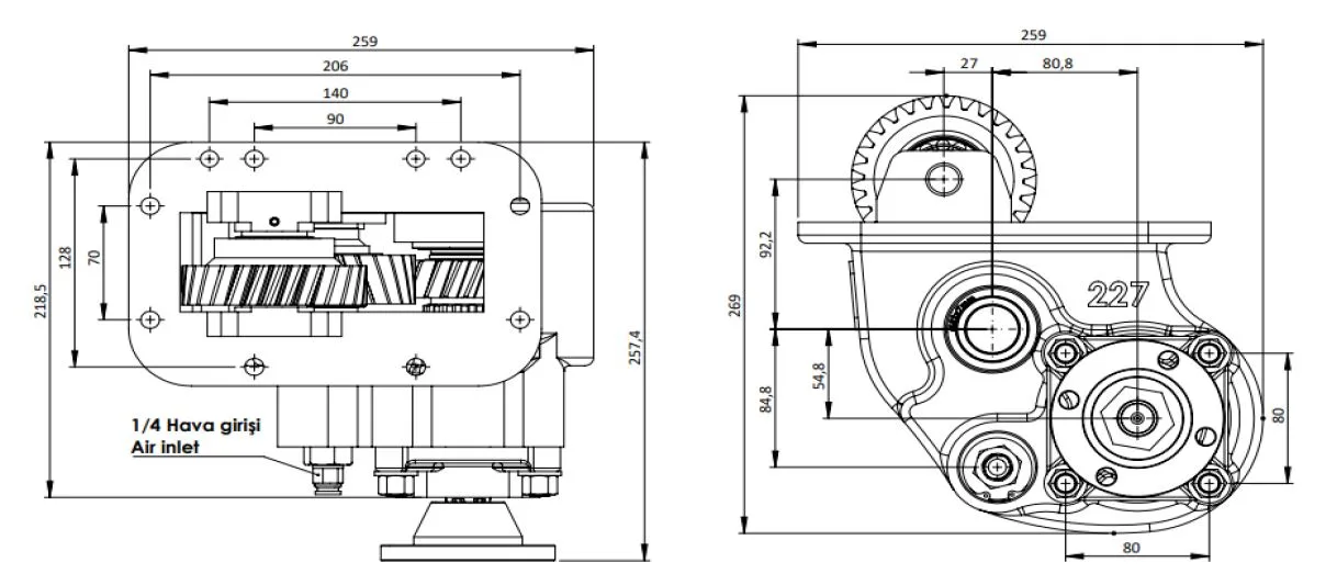 CTM 227 AD PTO teknik çizimi — kesit, ölçü ve montaj şeması