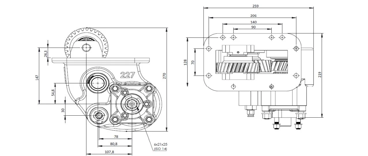 CTM 227 AC2 PTO teknik çizimi — kesit, ölçü ve montaj şeması