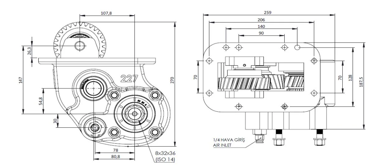 CTM 227 A1 PTO teknik çizimi — kesit, ölçü ve montaj şeması