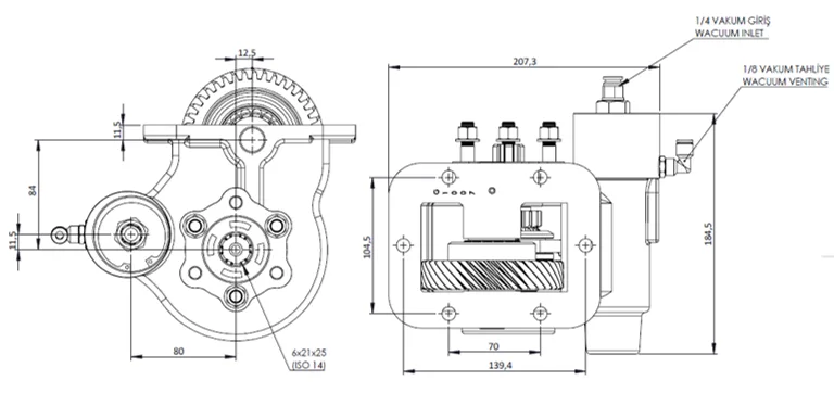 CTM 230 BE KV PTO teknik çizimi — kesit, ölçü ve montaj şeması