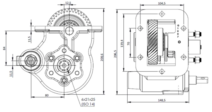 CTM 230 BC2 PTO teknik çizimi — kesit, ölçü ve montaj şeması