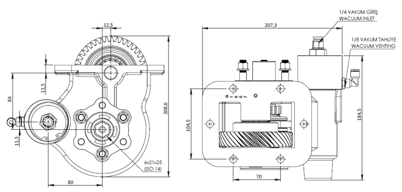 CTM 230 BC2 KV PTO teknik çizimi — kesit, ölçü ve montaj şeması