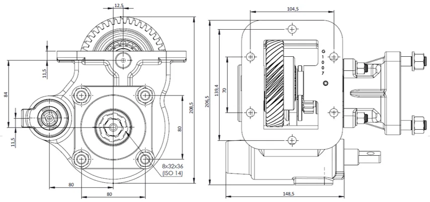 CTM 230 BC1 PTO teknik çizimi — kesit, ölçü ve montaj şeması