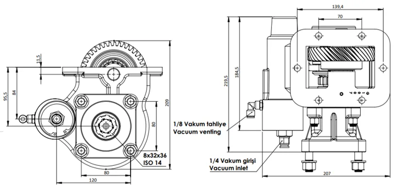 CTM 230 BC1 KV PTO teknik çizimi — kesit, ölçü ve montaj şeması