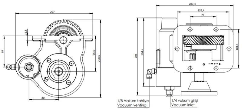 CTM 230 BD KV PTO teknik çizimi — kesit, ölçü ve montaj şeması
