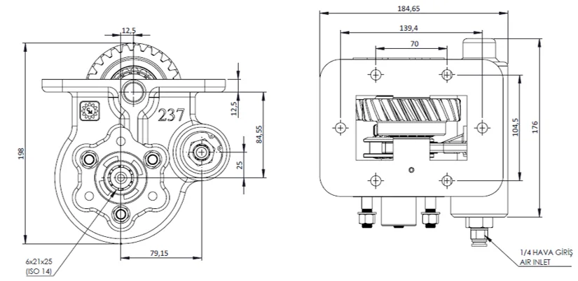 237 AC2 teknik çizimi — kesit, ölçü ve montaj şeması