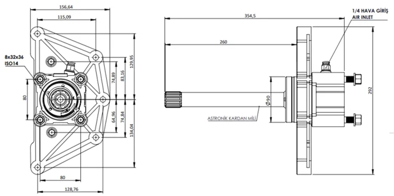 CTM 240 AC1 PTO teknik çizimi — kesit, ölçü ve montaj şeması