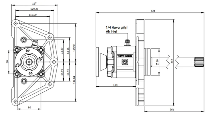 CTM 240 AD PTO teknik çizimi — kesit, ölçü ve montaj şeması
