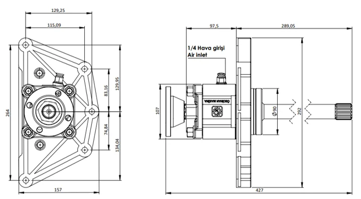 CTM 240 AD1 PTO teknik çizimi — kesit, ölçü ve montaj şeması