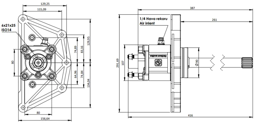CTM 240 AC2 PTO teknik çizimi — kesit, ölçü ve montaj şeması