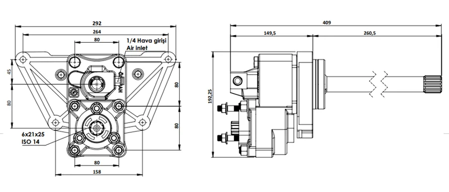 CTM 241 AE PTO teknik çizimi — kesit, ölçü ve montaj şeması
