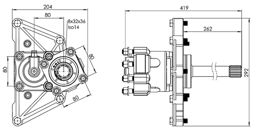 CTM 241 A1 3X PTO teknik çizimi — kesit, ölçü ve montaj şeması