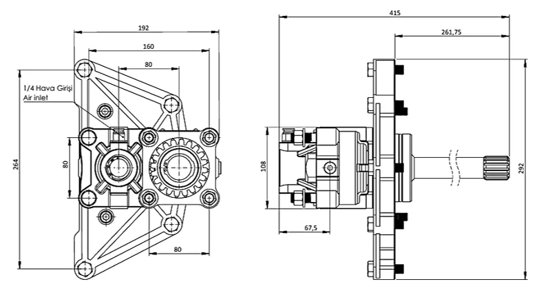 CTM 241 AC1 PTO teknik çizimi — kesit, ölçü ve montaj şeması