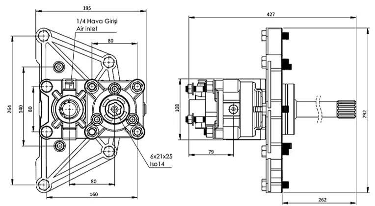 CTM 241 AC2 PTO teknik çizimi — kesit, ölçü ve montaj şeması