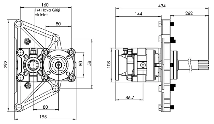 CTM 241 AD PTO teknik çizimi — kesit, ölçü ve montaj şeması