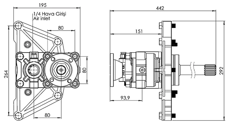 CTM 241 AD1 PTO teknik çizimi — kesit, ölçü ve montaj şeması