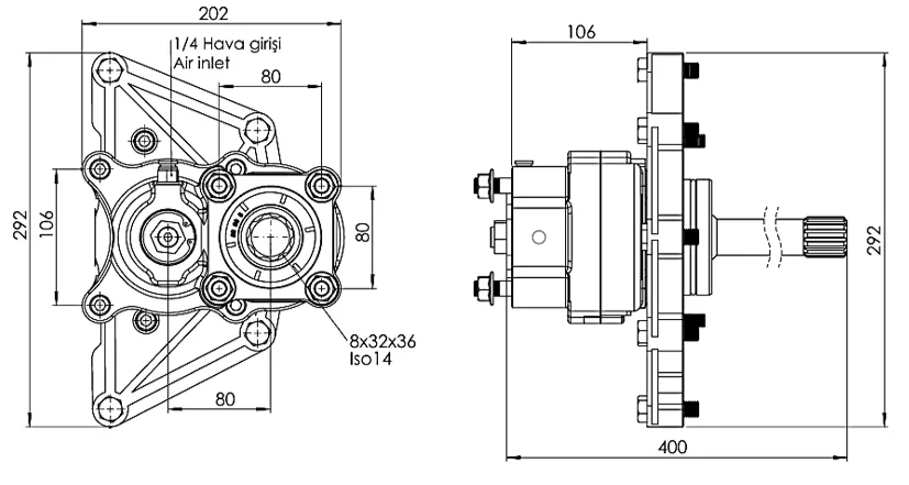 CTM 241 A1 4X PTO teknik çizimi — kesit, ölçü ve montaj şeması
