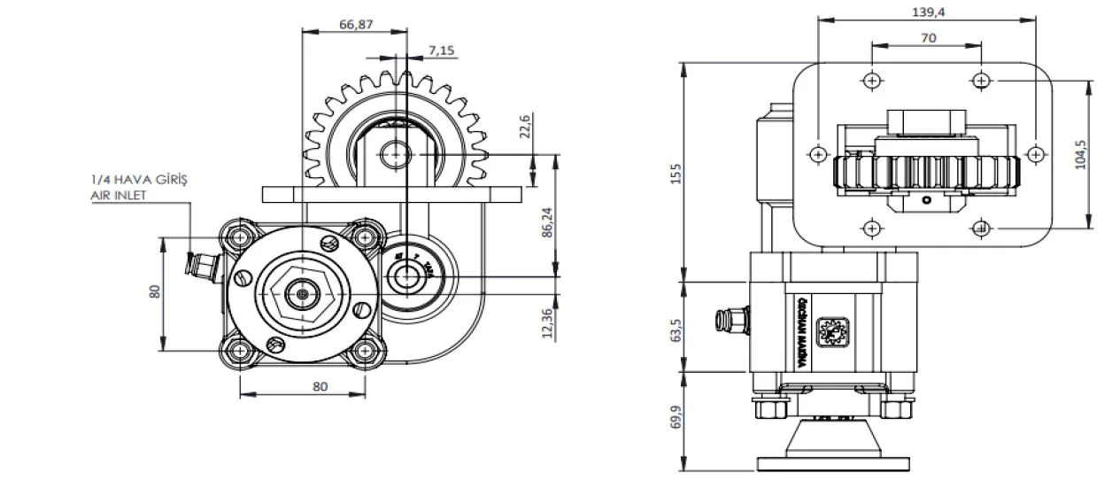 CTM 243 AD PTO teknik çizimi — kesit, ölçü ve montaj şeması
