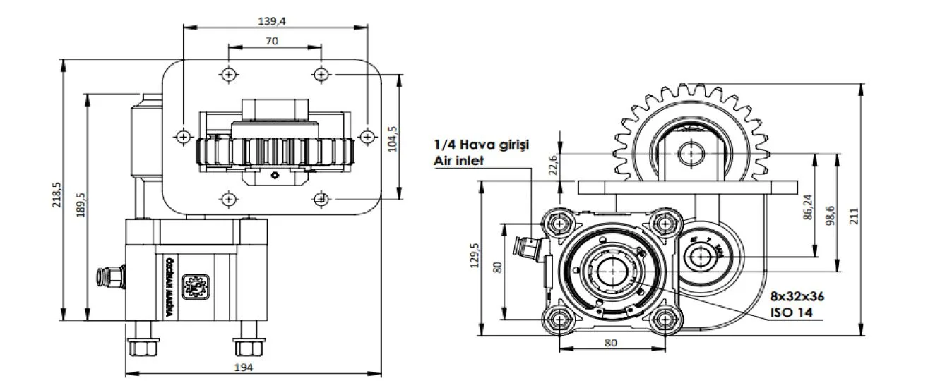 CTM 243 AC2 PTO teknik çizimi — kesit, ölçü ve montaj şeması