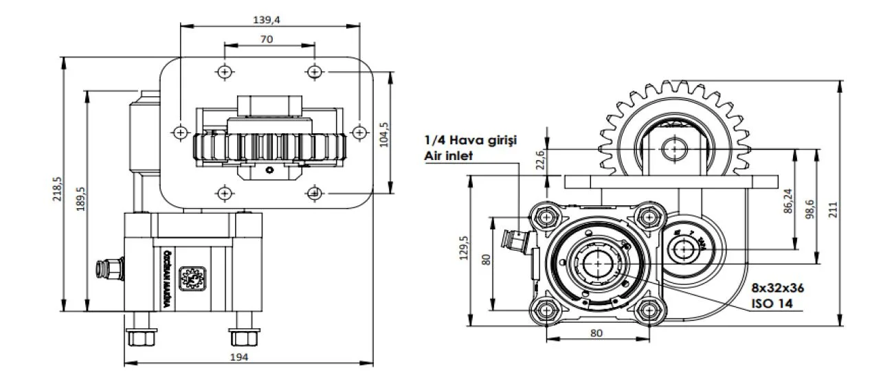 CTM 243 AC1 PTO teknik çizimi — kesit, ölçü ve montaj şeması
