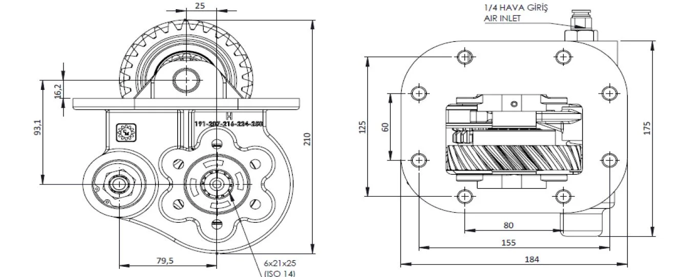 CTM 250 AE PTO teknik çizimi — kesit, ölçü ve montaj şeması