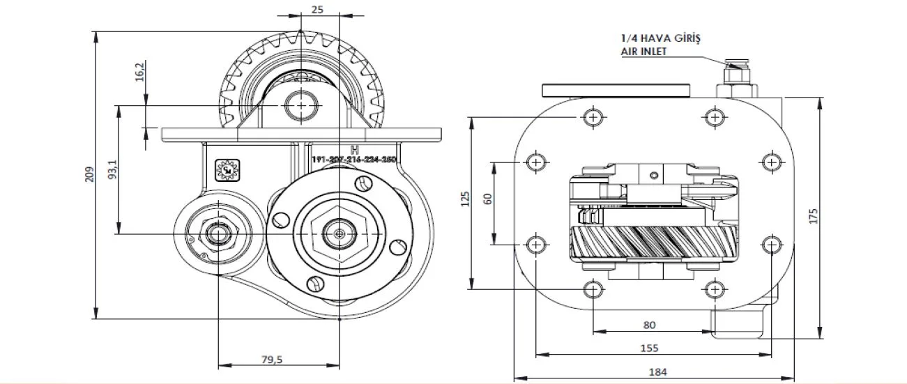CTM 250 AD PTO teknik çizimi — kesit, ölçü ve montaj şeması