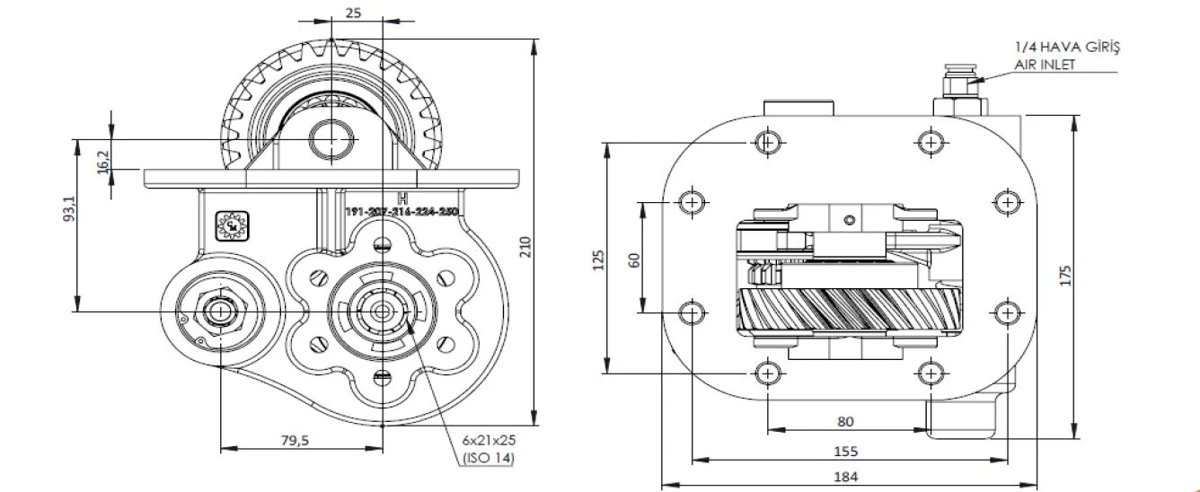 CTM 250 AC2 PTO teknik çizimi — kesit, ölçü ve montaj şeması