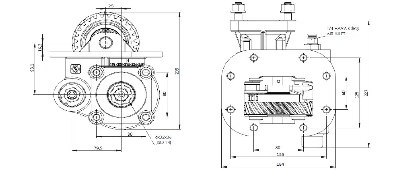 CTM 250 AC1 PTO teknik çizimi — kesit, ölçü ve montaj şeması