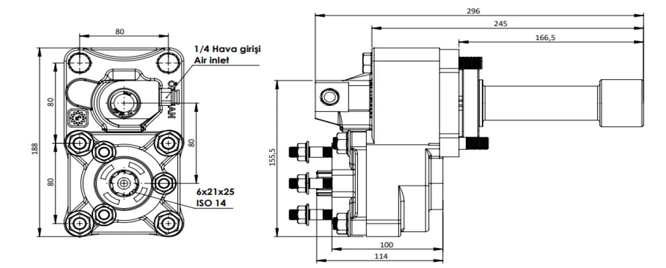CTM 251 AE PTO teknik çizimi — kesit, ölçü ve montaj şeması