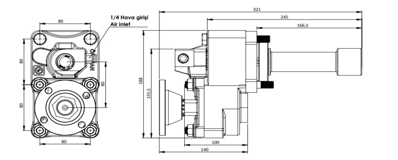 CTM 251 AD1 PTO teknik çizimi — kesit, ölçü ve montaj şeması