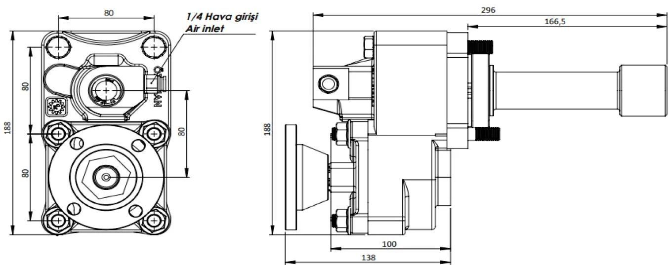 CTM 251 AD PTO teknik çizimi — kesit, ölçü ve montaj şeması