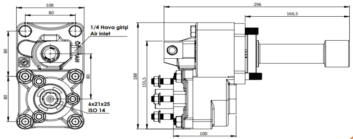 CTM 251 AC2 PTO teknik çizimi — kesit, ölçü ve montaj şeması
