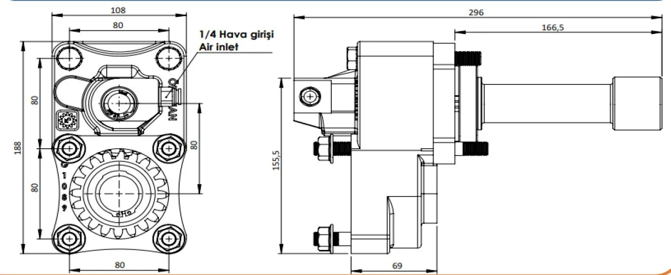 CTM 251 AC1 PTO teknik çizimi — kesit, ölçü ve montaj şeması