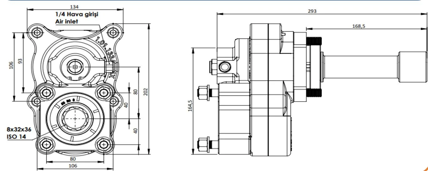 CTM 251 A1 4X PTO teknik çizimi — kesit, ölçü ve montaj şeması