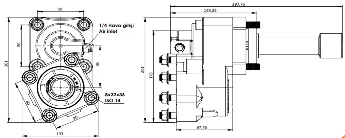 CTM 251 A1 3X PTO teknik çizimi — kesit, ölçü ve montaj şeması