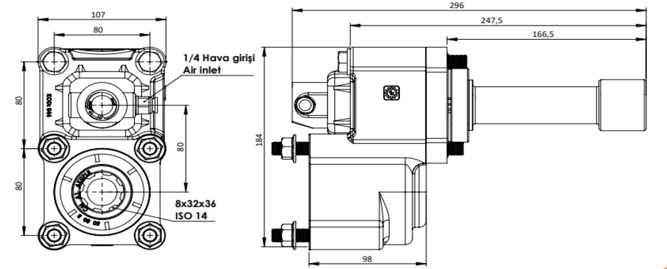 CTM 251 A1 PTO teknik çizimi — kesit, ölçü ve montaj şeması