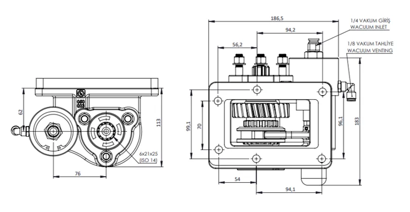 CTM 252 BE KV PTO teknik çizimi — kesit, ölçü ve montaj şeması
