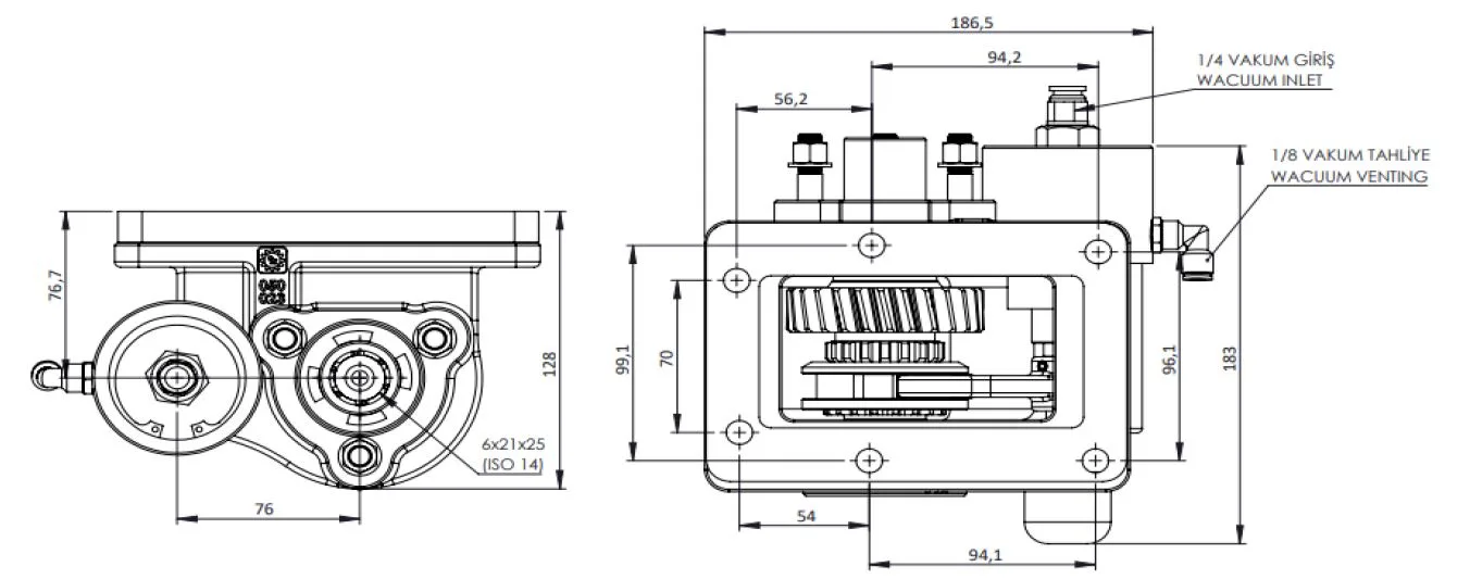 CTM 252 BC2 KV PTO teknik çizimi — kesit, ölçü ve montaj şeması