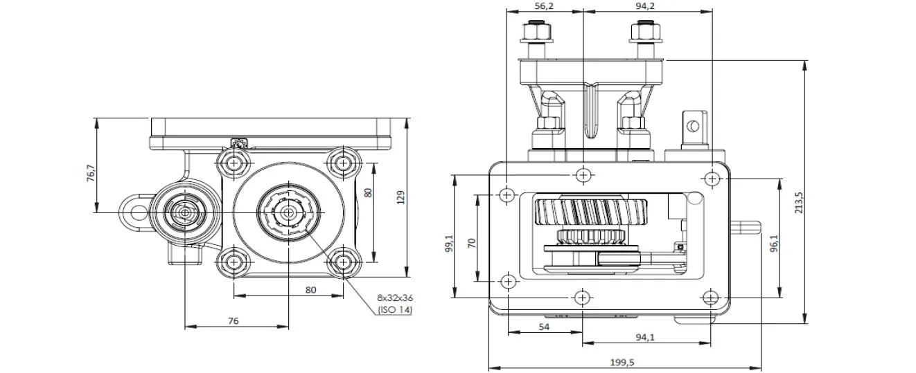 CTM 252 BC1 PTO teknik çizimi — kesit, ölçü ve montaj şeması