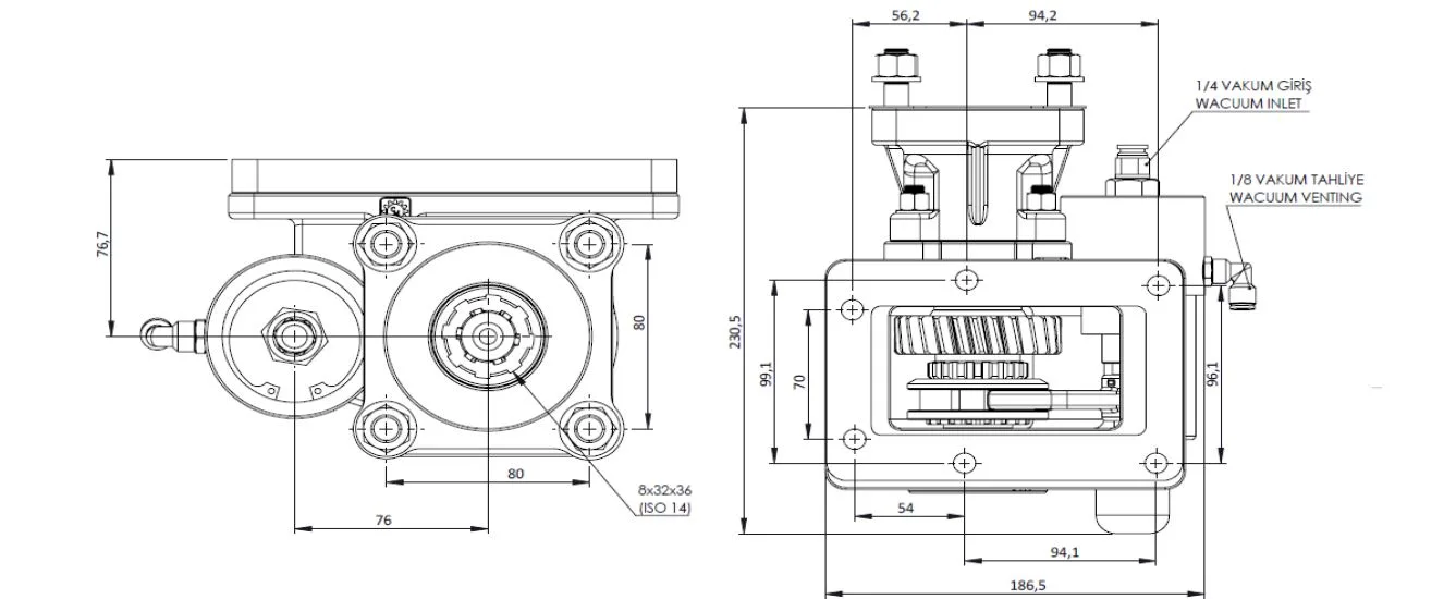 CTM 252 BC1 KV PTO teknik çizimi — kesit, ölçü ve montaj şeması