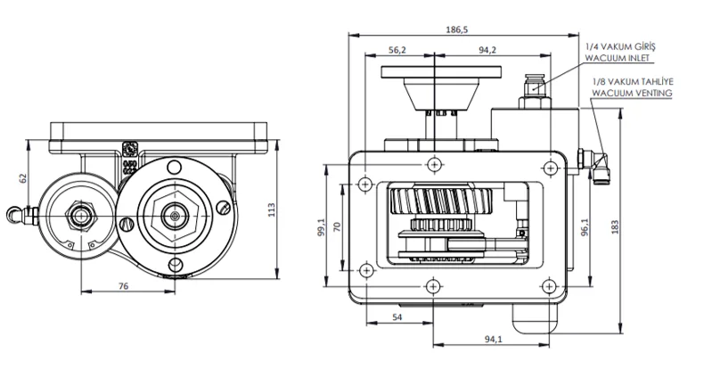 CTM 252 BD KV PTO teknik çizimi — kesit, ölçü ve montaj şeması