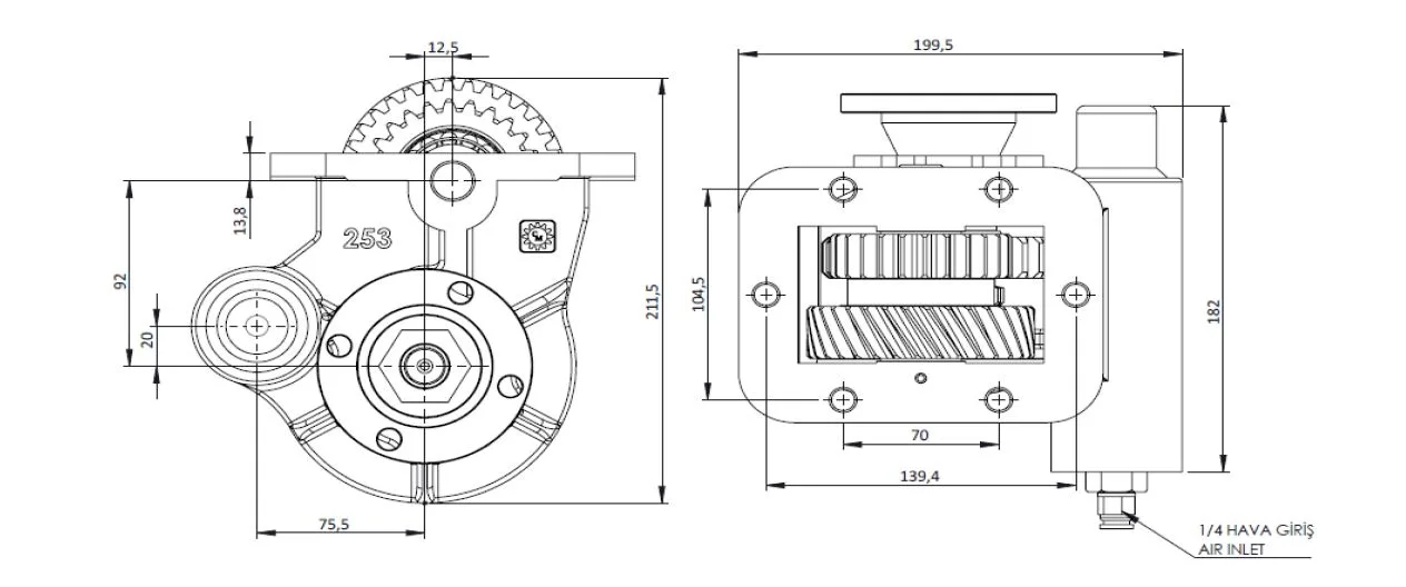 CTM 253 AD PTO teknik çizimi — kesit, ölçü ve montaj şeması