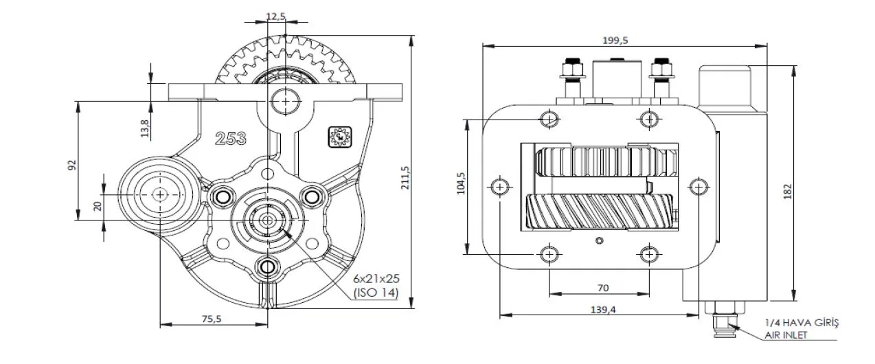 CTM 253 AC2 PTO teknik çizimi — kesit, ölçü ve montaj şeması