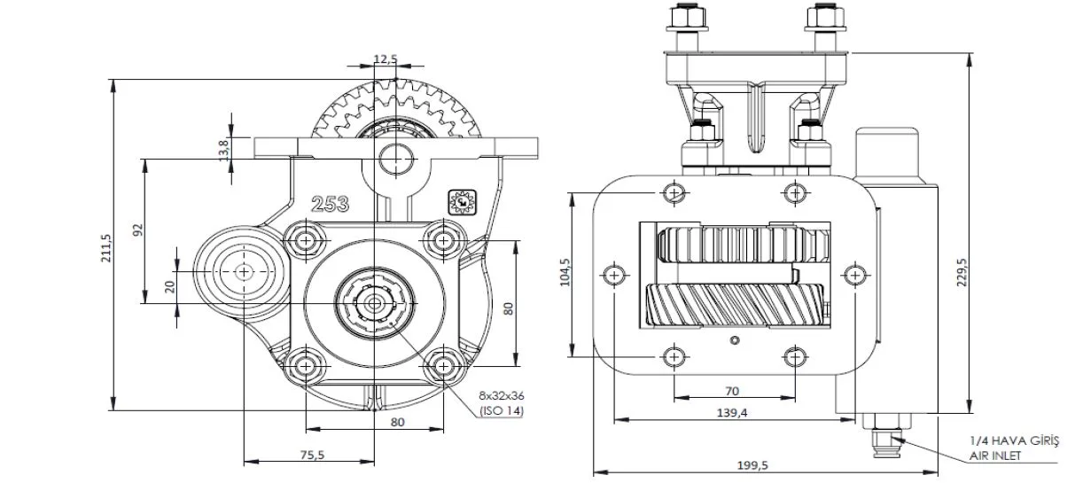 CTM 253 AC1 PTO teknik çizimi — kesit, ölçü ve montaj şeması