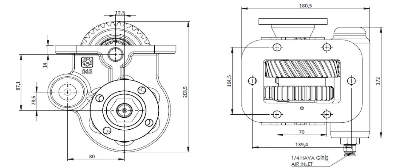 CTM 255 AD PTO teknik çizimi — kesit, ölçü ve montaj şeması